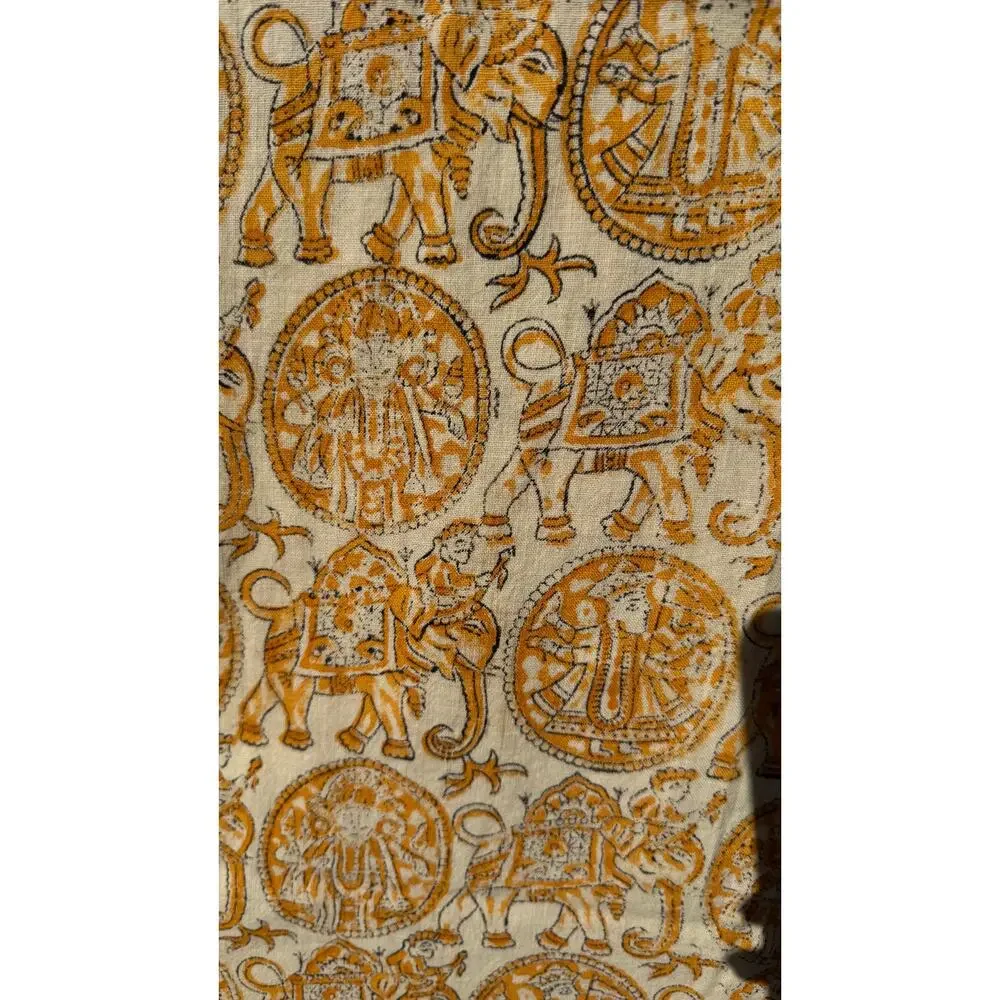 Handmade Cotton Kalamkari Block Print Elephant Tapestry Coverlet Queen Yellow